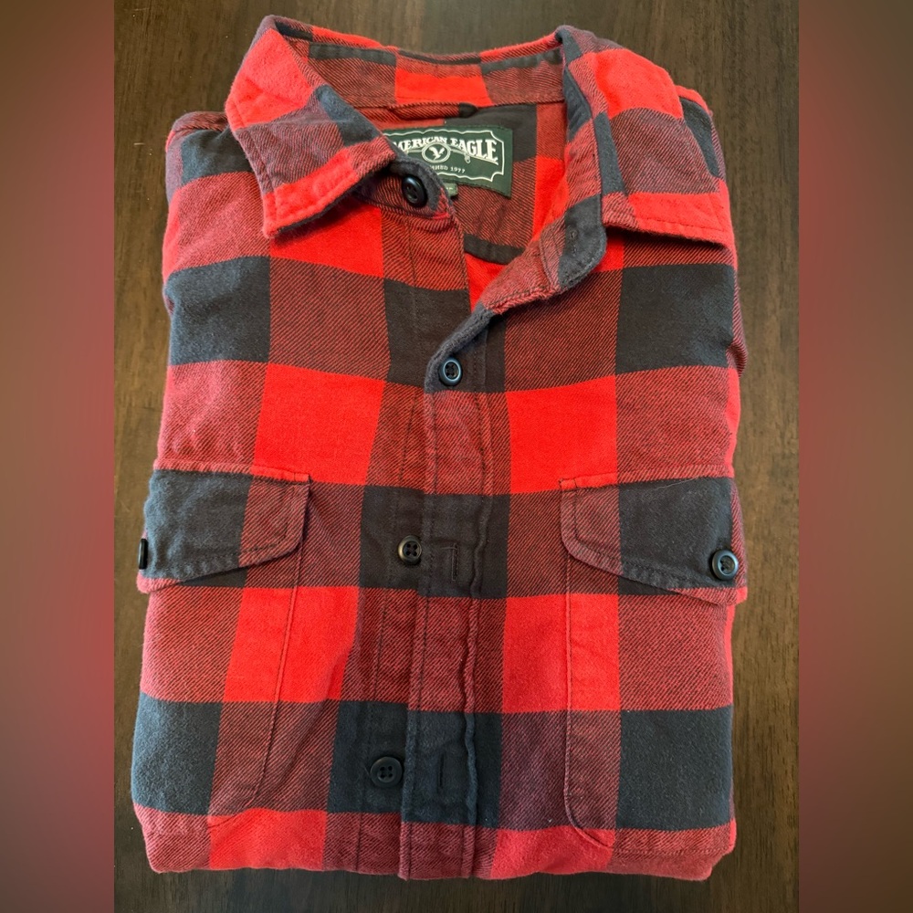 American Eagle Outfitter Super Soft Red Black Plaid Flannel Shirt Men L Cotton - Picture 9 of 9